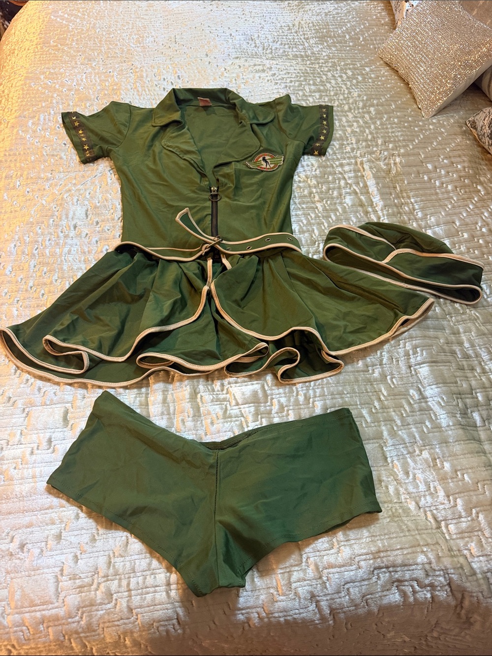 Green Vintage-Inspired Costume Set flared top and boy shorts very cheeky